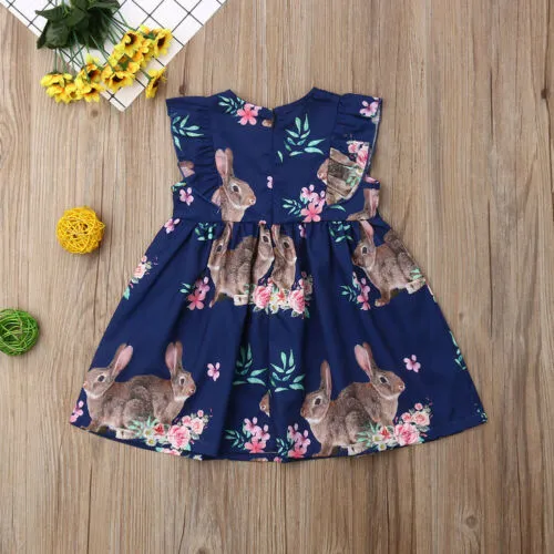 Baby Girls Summer Sleeveless Dress Rabbit Flower Print O-neck Ruffle Sundress