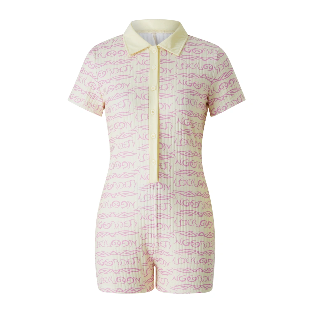 Printed Patterns Turn-Down Collar Short Sleeve Playsuit with Buttons