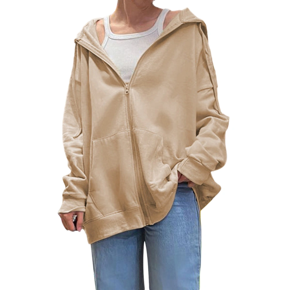 Women Simple Style Jacket, Solid Color Zipper Open Front Hooded Coat