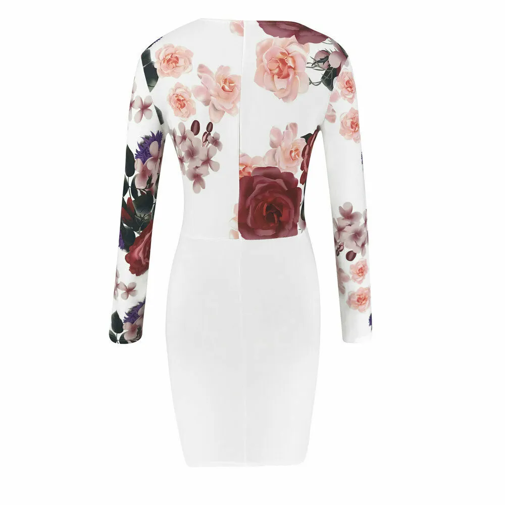 Women Floral Dress High Waist Long Sleeve V-Neck Fall Office Midi