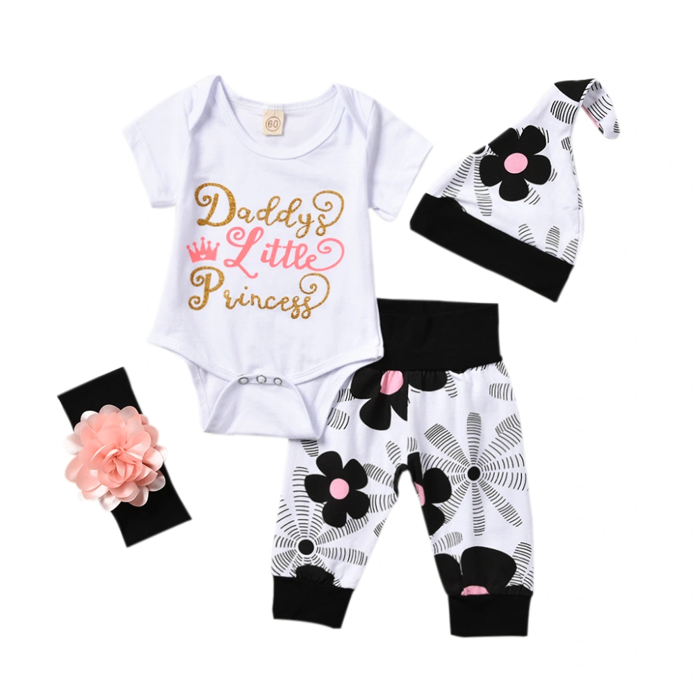 Baby Girl Boy Short Sleeve Letter Print Romper + Floral Pants + Hat + Headband