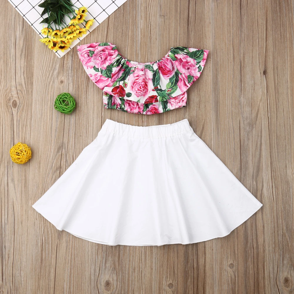 Little Girls 2PCS Skirt Set Off Shoulder Floral Crop Tops Short Skirt