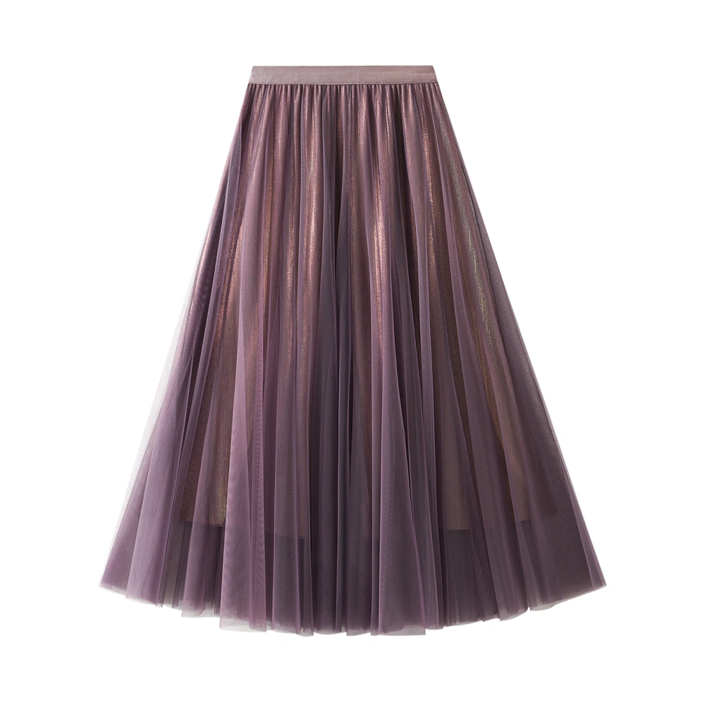 Women Tulle Skirt, Solid Color Lined High-Waist Pleated Midi Skirt