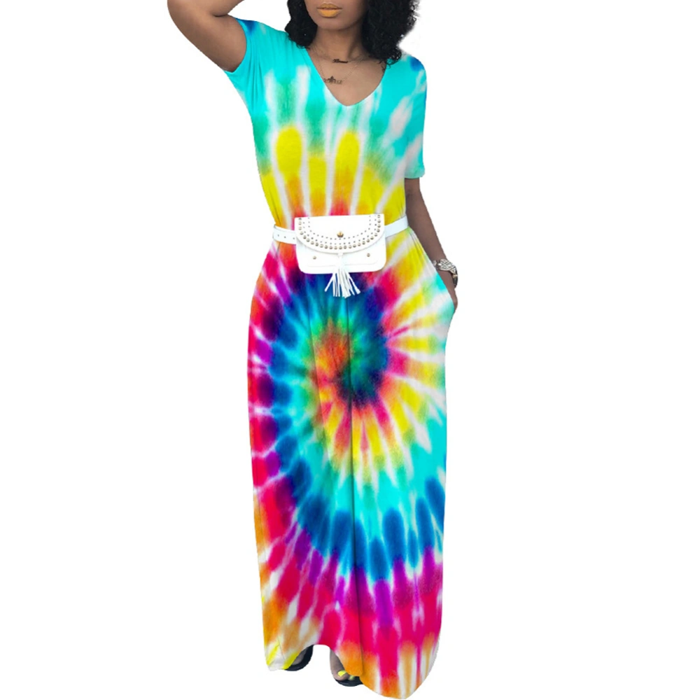 Women Tie-Dye Dress, Short Sleeve Floral Large Swing Dress Pockets