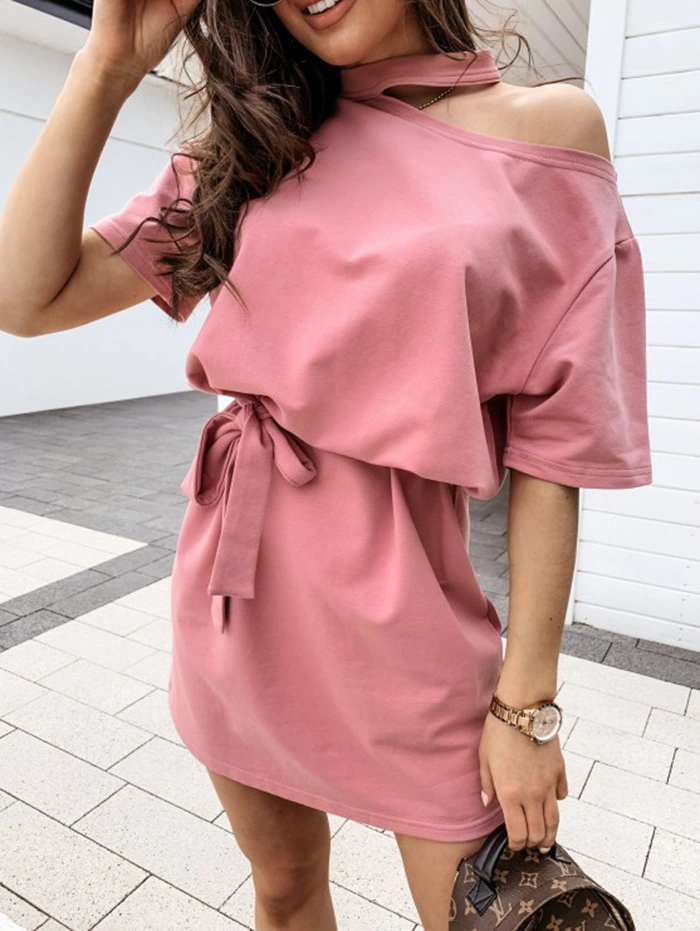 Ladies Skirt Sexy Semi Strapless Pure Color Loose Casual Cool Dress