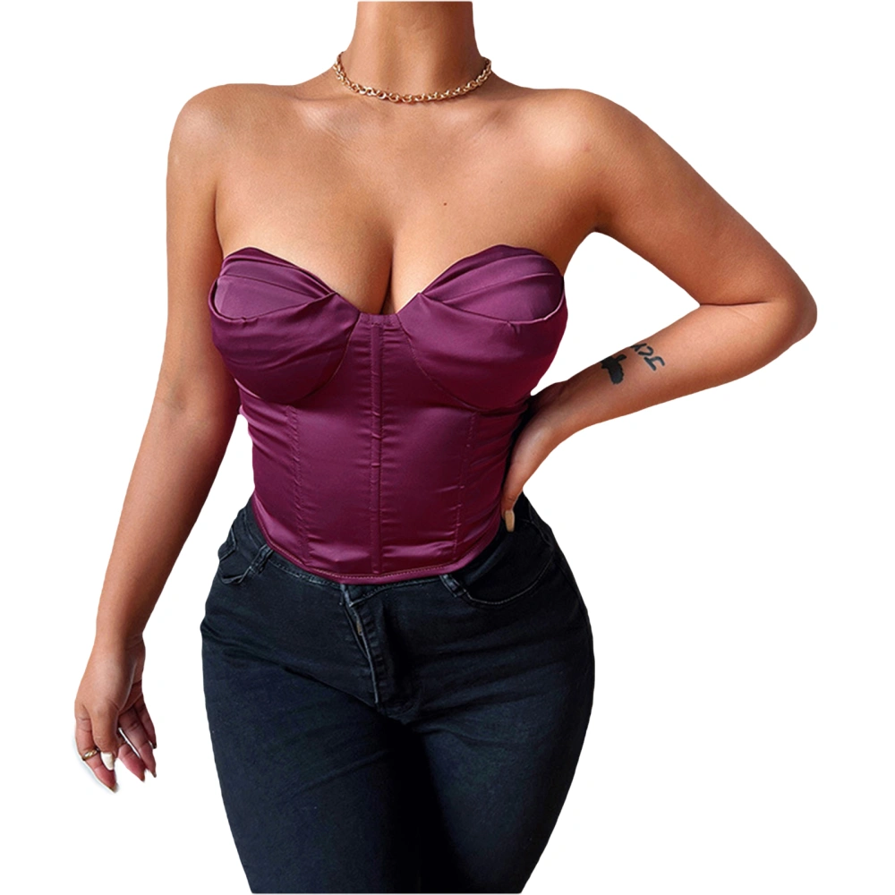 Women Solid Color Sweetheart Neckline Zip Up Corset Tube Tops