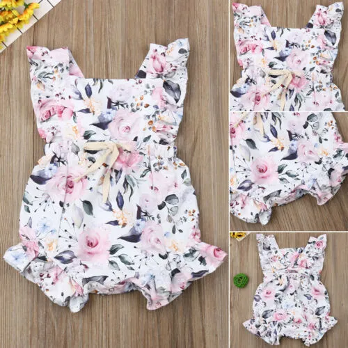 Infant Girls Variegated Fluffy Romper with Printing Flower Patterns