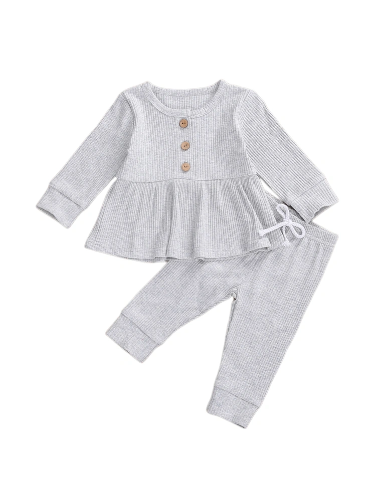 Toddler Outfits, Solid-Color Ribbed Long-Sleeves Top + Drawstring-Waist Pants