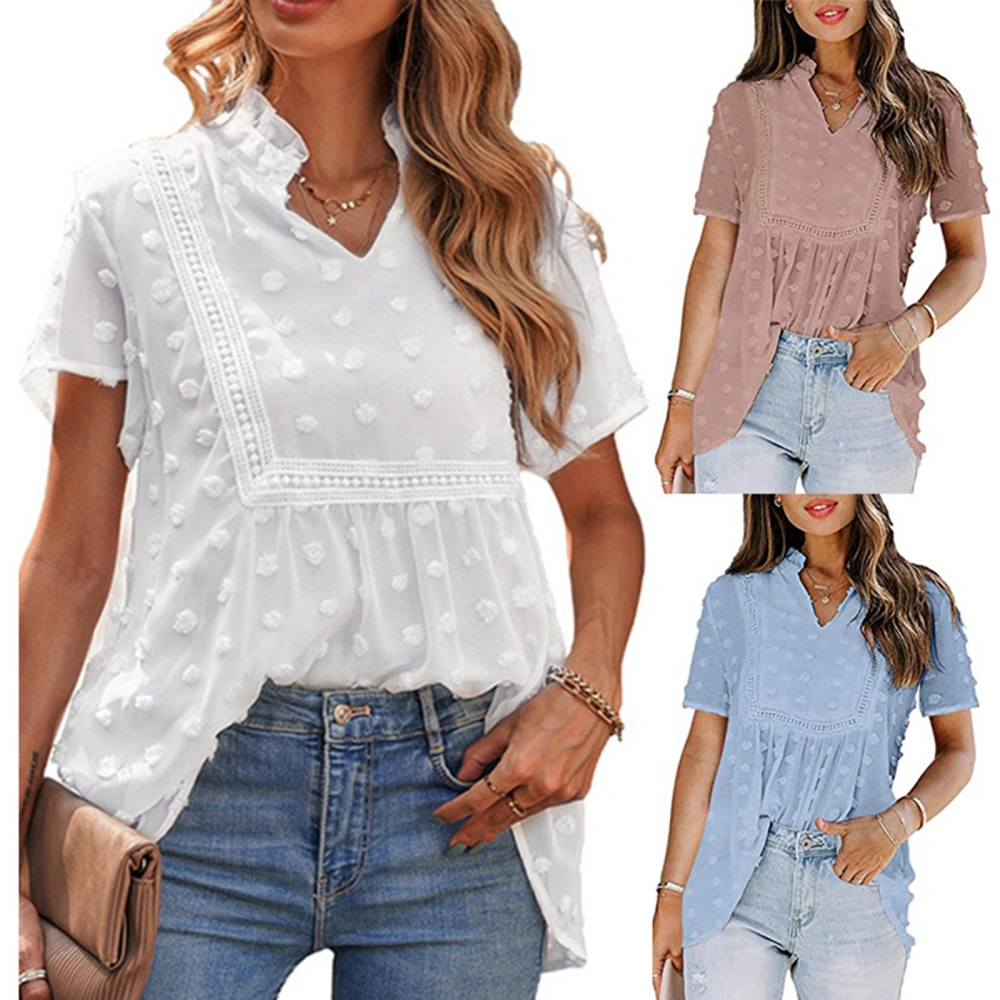 Women Summer Loose Shirt, Short Sleeve V-neck Blouse with Pom Poms