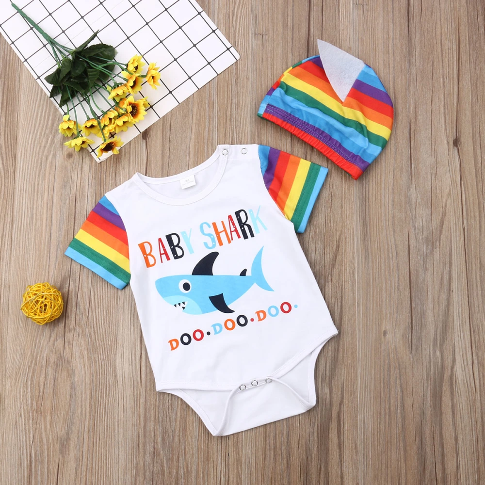 Infant Baby Romper, Summer Short Sleeve Letter Bodysuit+Stripe Hat