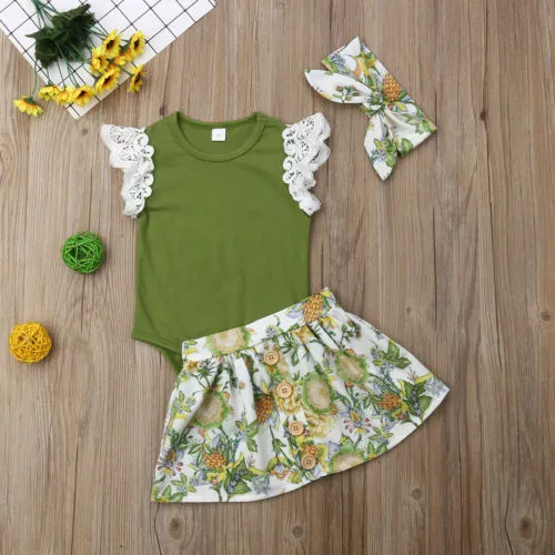 Baby Girls Summer Clothes Set Lace Sleeve Romper+Flower Skirt+Headband