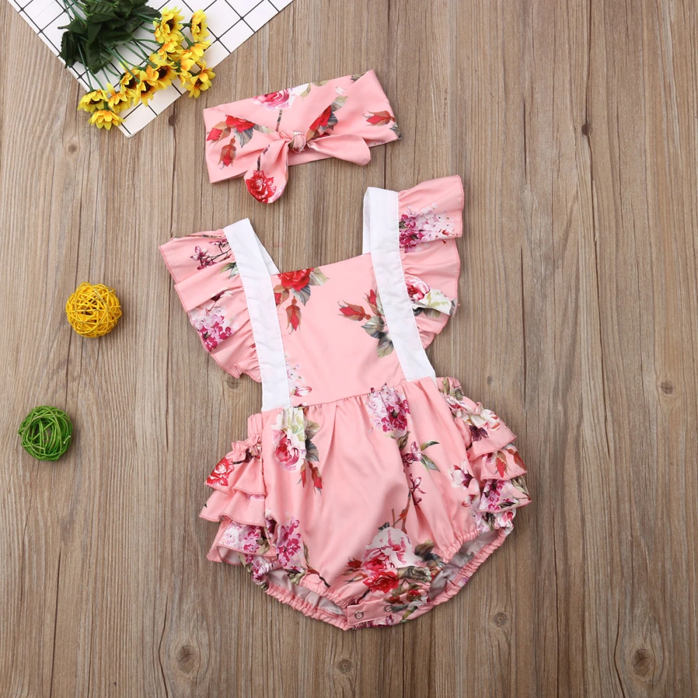 Girls Romper with Headband, Floral Ruffles Jumpsuit, One-piece Clothes Headwear