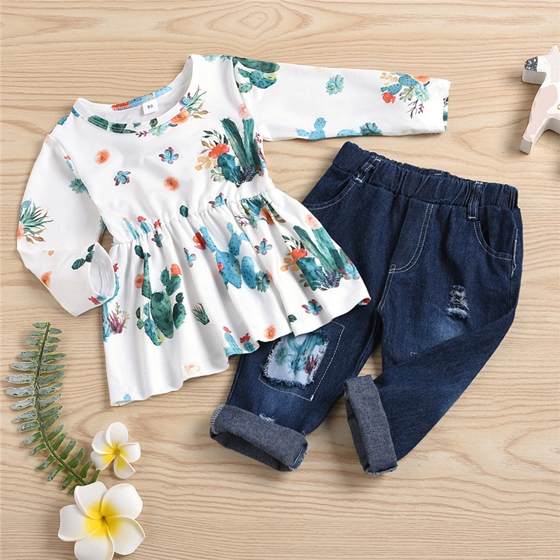 Baby Girl's Autumn Outfit Sets Long Sleeve Cactus Print Top + Ripped Jeans