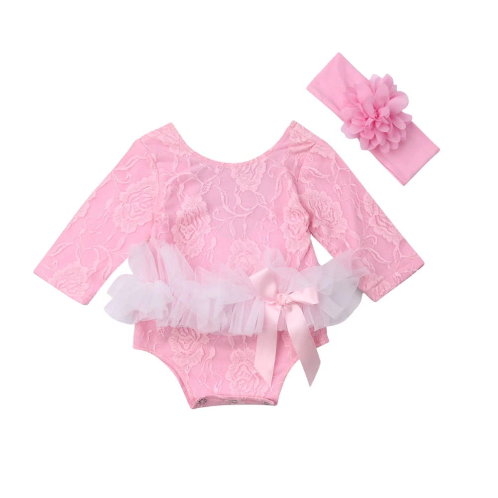 Newborn Girl Romper, Long Sleeve Floral Lace Jumpsuit+Headband