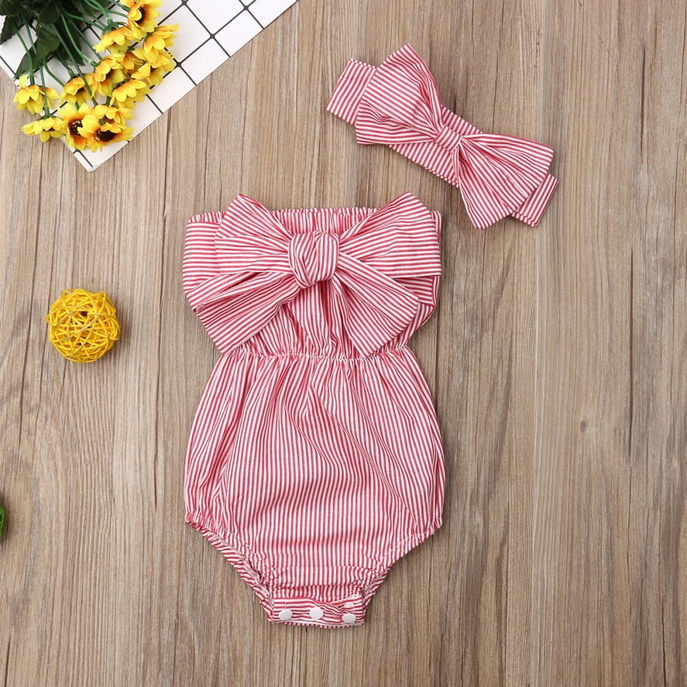 Newborn Baby Girl Clothes Tube Top Strip Romper + Bow Headband