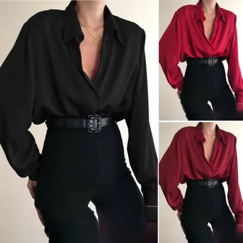 Women Solid Color Blouse, Button Down Shirt, Loose Lapel Top