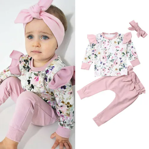 3 Pcs Baby Girl Pants Suits, Flower Tops + Solid Color Pants + Headband Sets