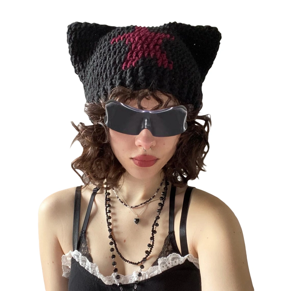 Women Handmade Knitted Crochet Hat Cute Stars Pattern Cat Ear Cap