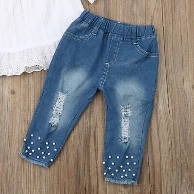 Summer Baby Girl 2 Pieces Off Shoulder Tops+Beading Denim Pants Set