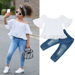 Summer Baby Girl 2 Pieces Off Shoulder Tops+Beading Denim Pants Set