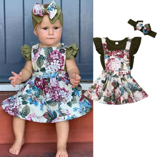 Girl's Flying Sleeve Romper + Floral Suspender Skirt + Headband