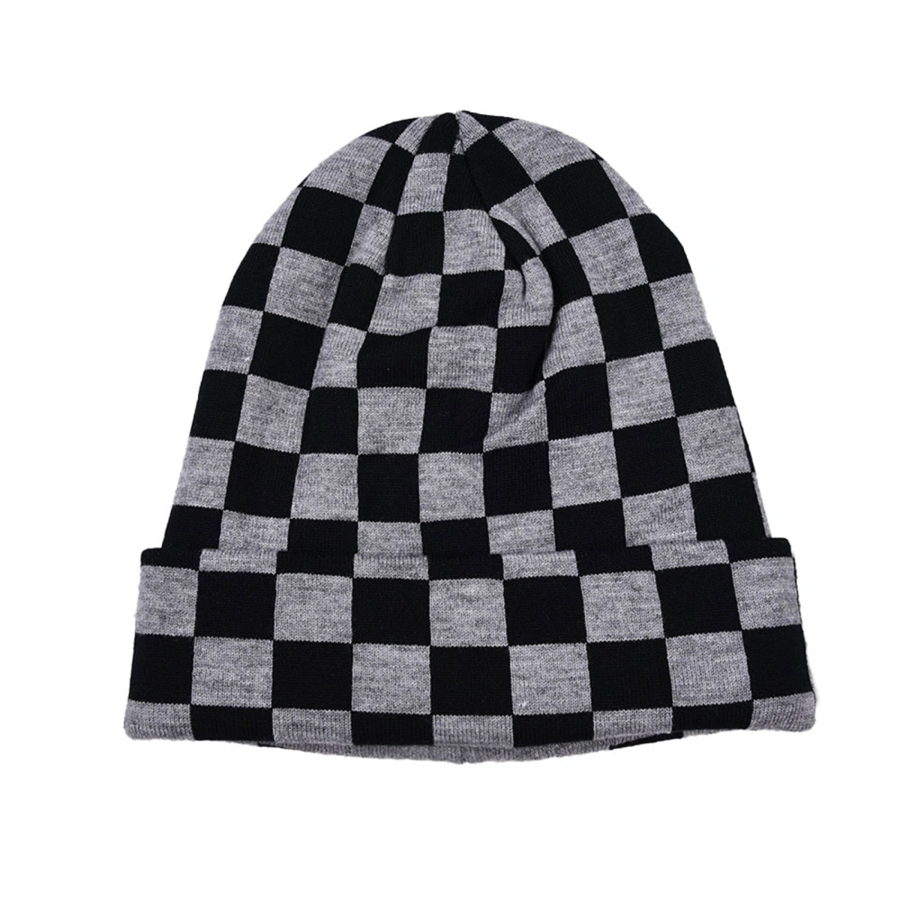 Adults Knitted Hat, Unisex Checkerboard Print Woolen Cap Beanie Fedora