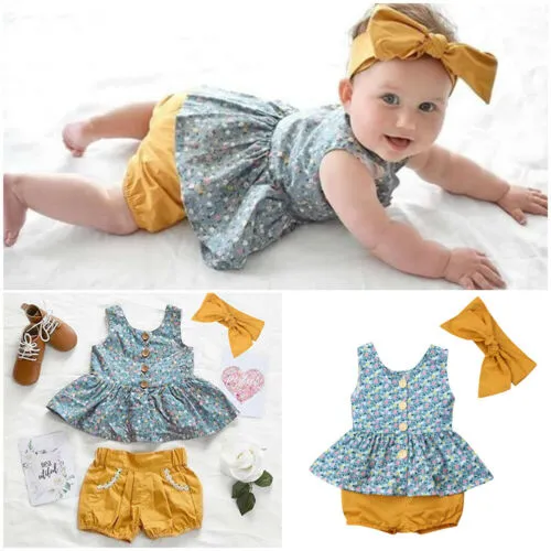 Baby Girls Summer Clothes Sleeveless Floral Tops+Solid Color Shorts+Headband