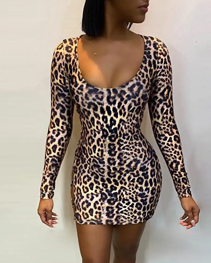 Women Sexy Leopard Print Dress Long Sleeve Low Cut Slim Bandage Dress