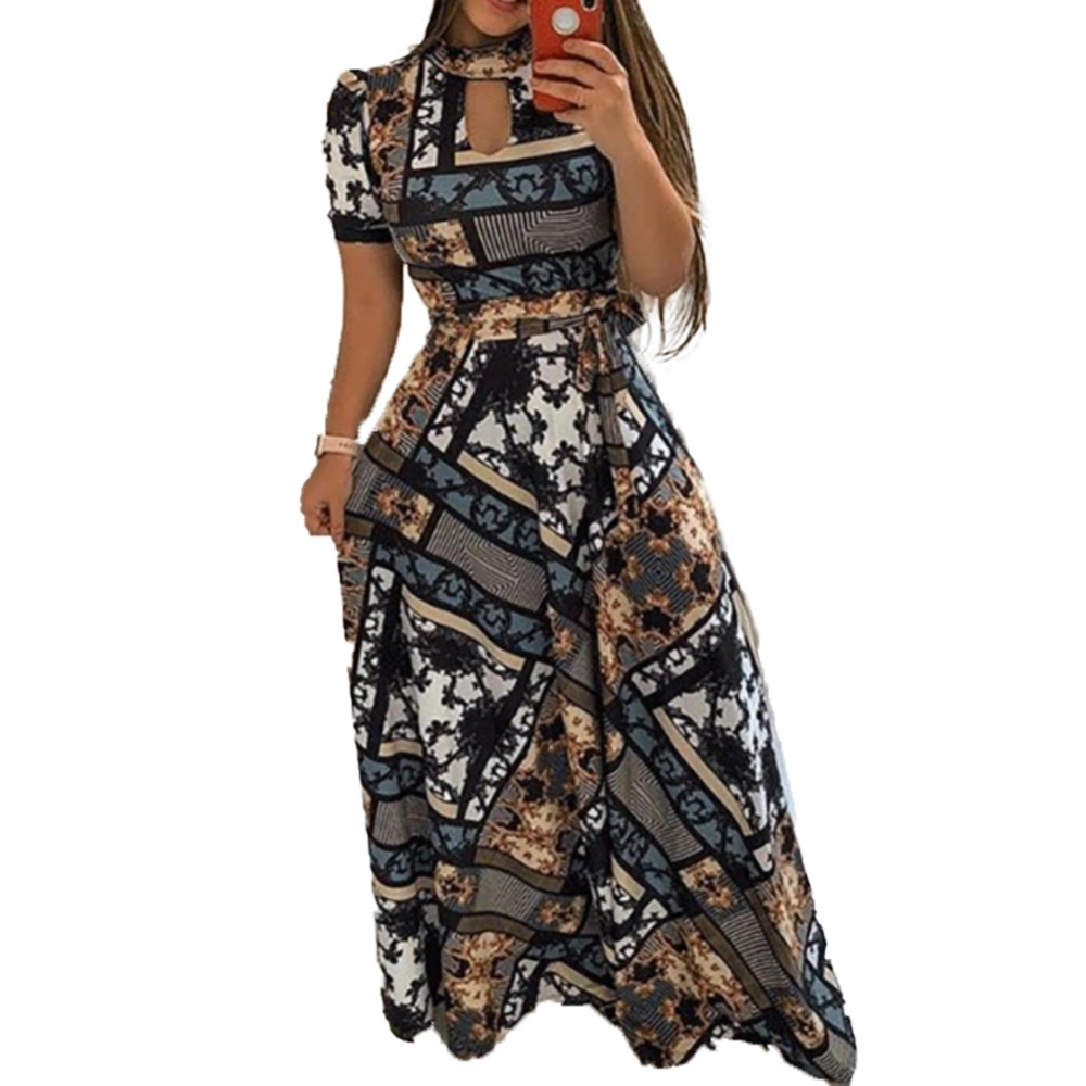 Women's Dress, Print Round Neck Hollow-Out Long Dress for Vacation