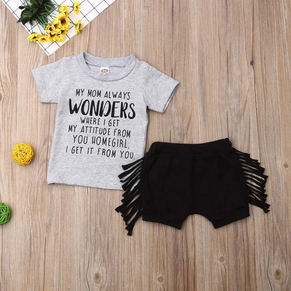 Girls 2 Pieces Outfit, Letter Print T-Shirt Tops + Tassels Shorts Set