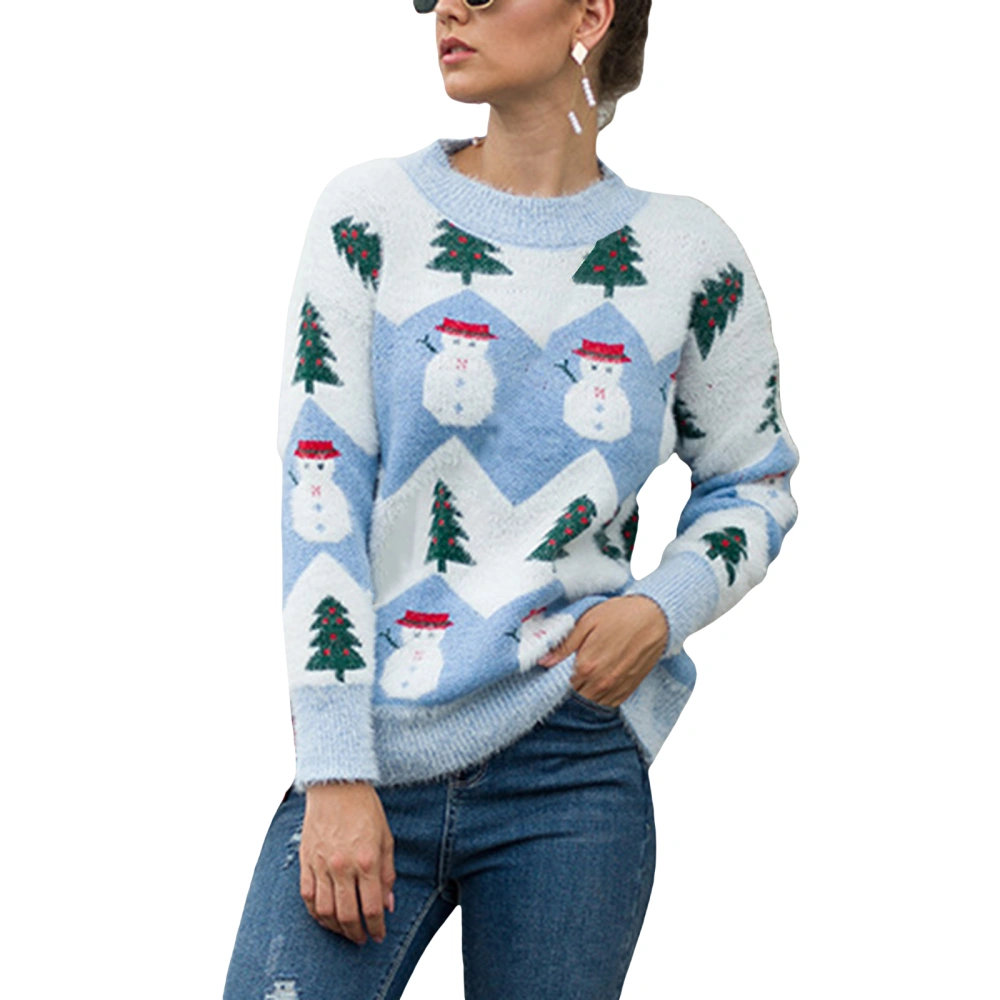 Christmas Tree & Snowman Pattern Long Sleeve Round Neck Knit Sweater