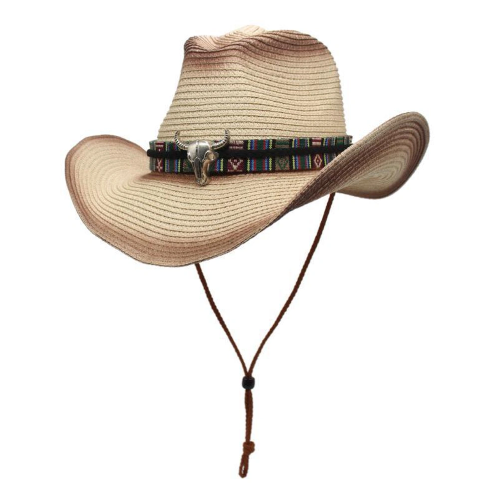 Women Men Cowboy Hat Cow Head Decor Wide Brim Western Cowgirl Hat