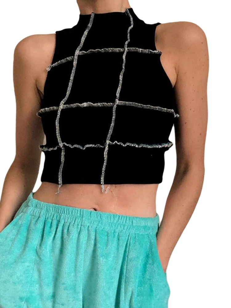 Women's Sleeveless Half High Callar Patwork Stitching Crop Top