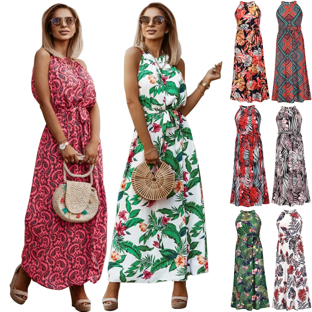 Sleeveless Tie-up Vintage Print Round Neck Halterneck Dress with Belt