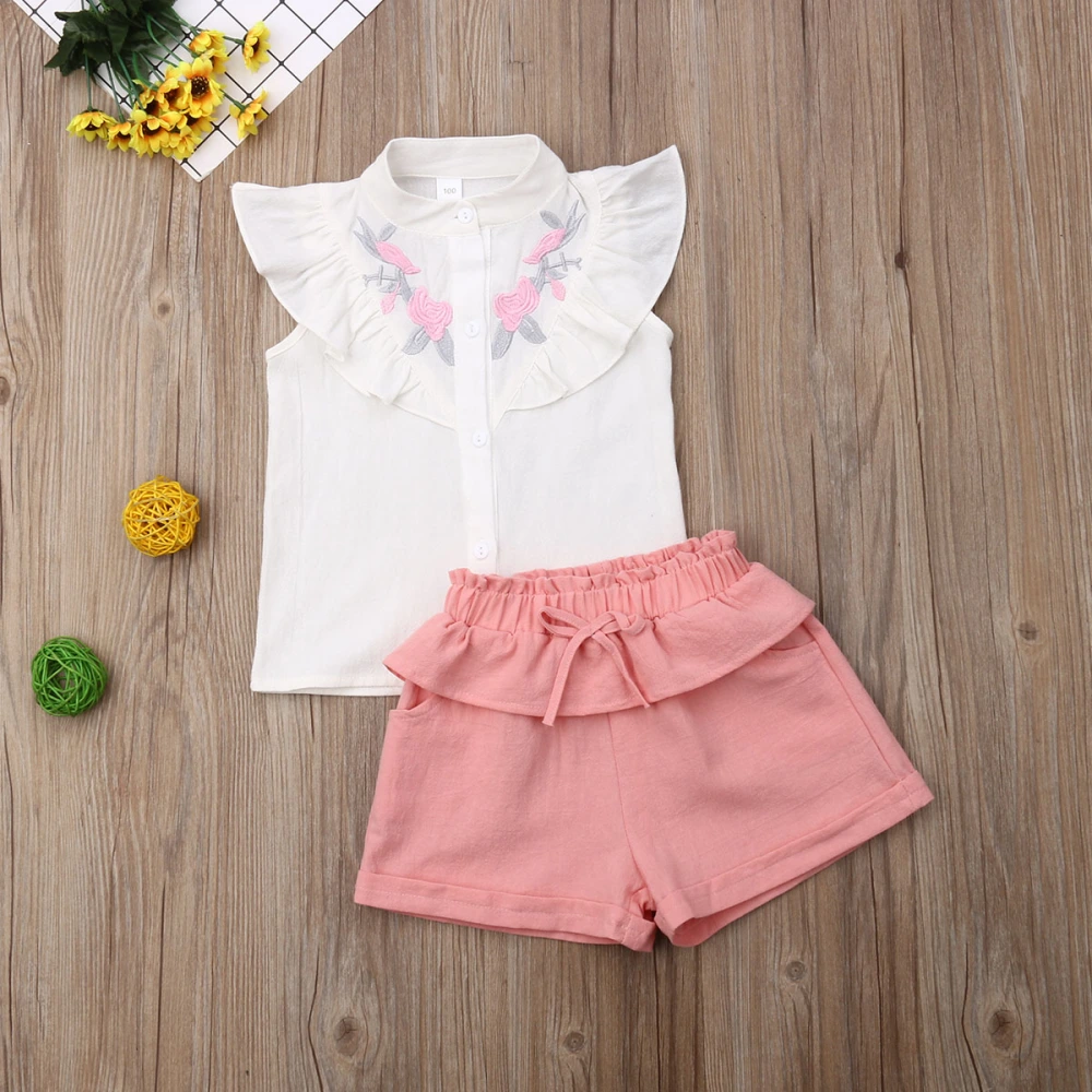 Baby Girls Summer Clothes Set Sleeveless Embroidery Ruffle Button Shirt+Shorts