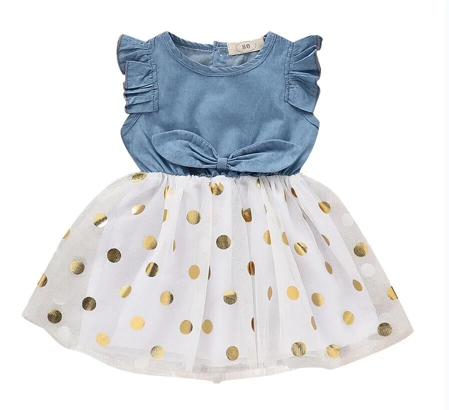 Girls Summer Ruffle Sleeveless Dress, Denim Splice Polka Dot Dress