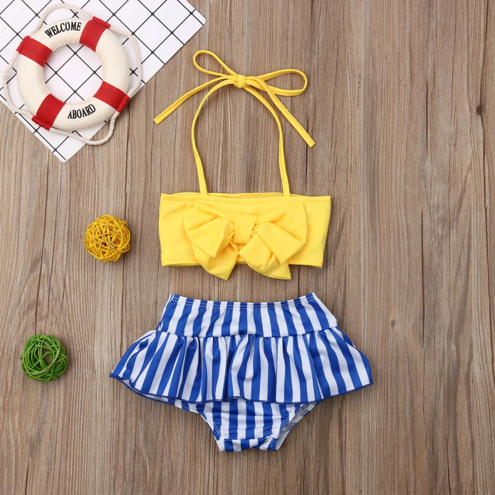 Girl 2 Pieces Swimsuit Outfits, Halter Bow Crop Tops + Stripe Shorts