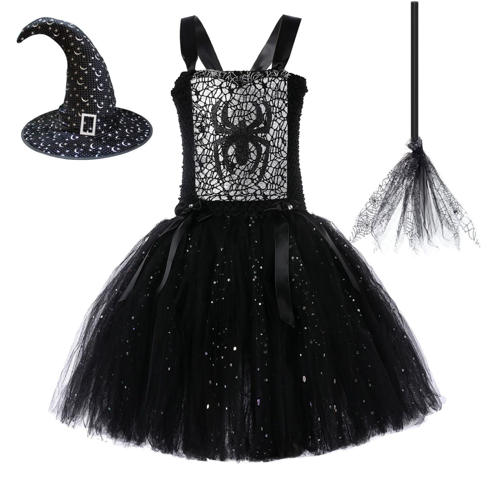 Girl Witch Halloween Costume, Spider Print Tulle Dress + Hat + Broom