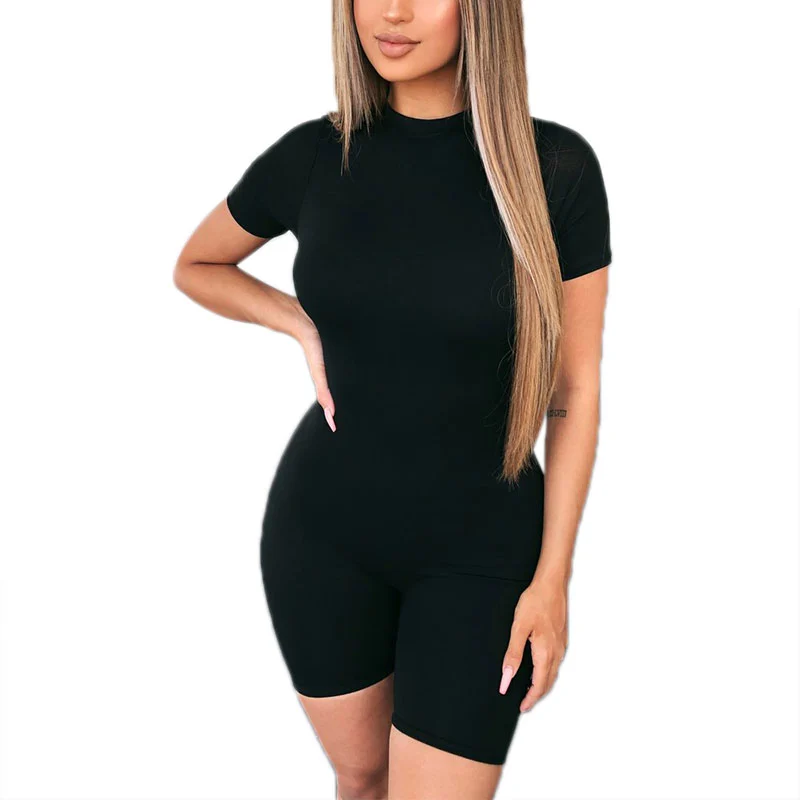 Women's Summer Solid Color Jumpsuit, Front Zipper Deep V-Neck Bodysuit