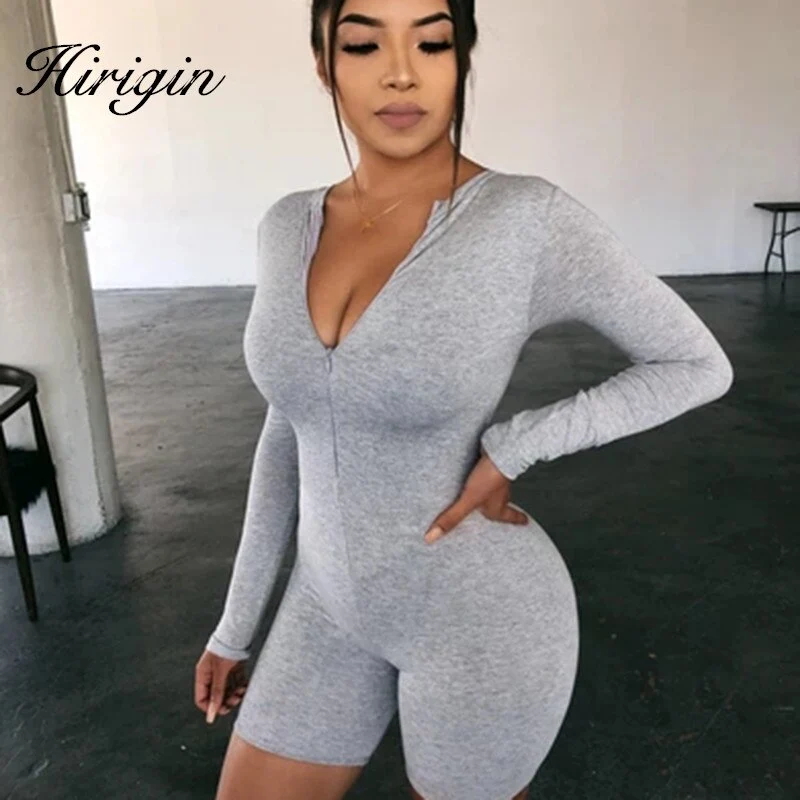 Women's Summer Solid Color Jumpsuit, Front Zipper Deep V-Neck Bodysuit