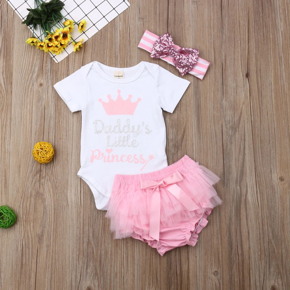 Baby Girls Summer Suit, Short Sleeve Romper Tops+Solid Shorts+Bow Headband