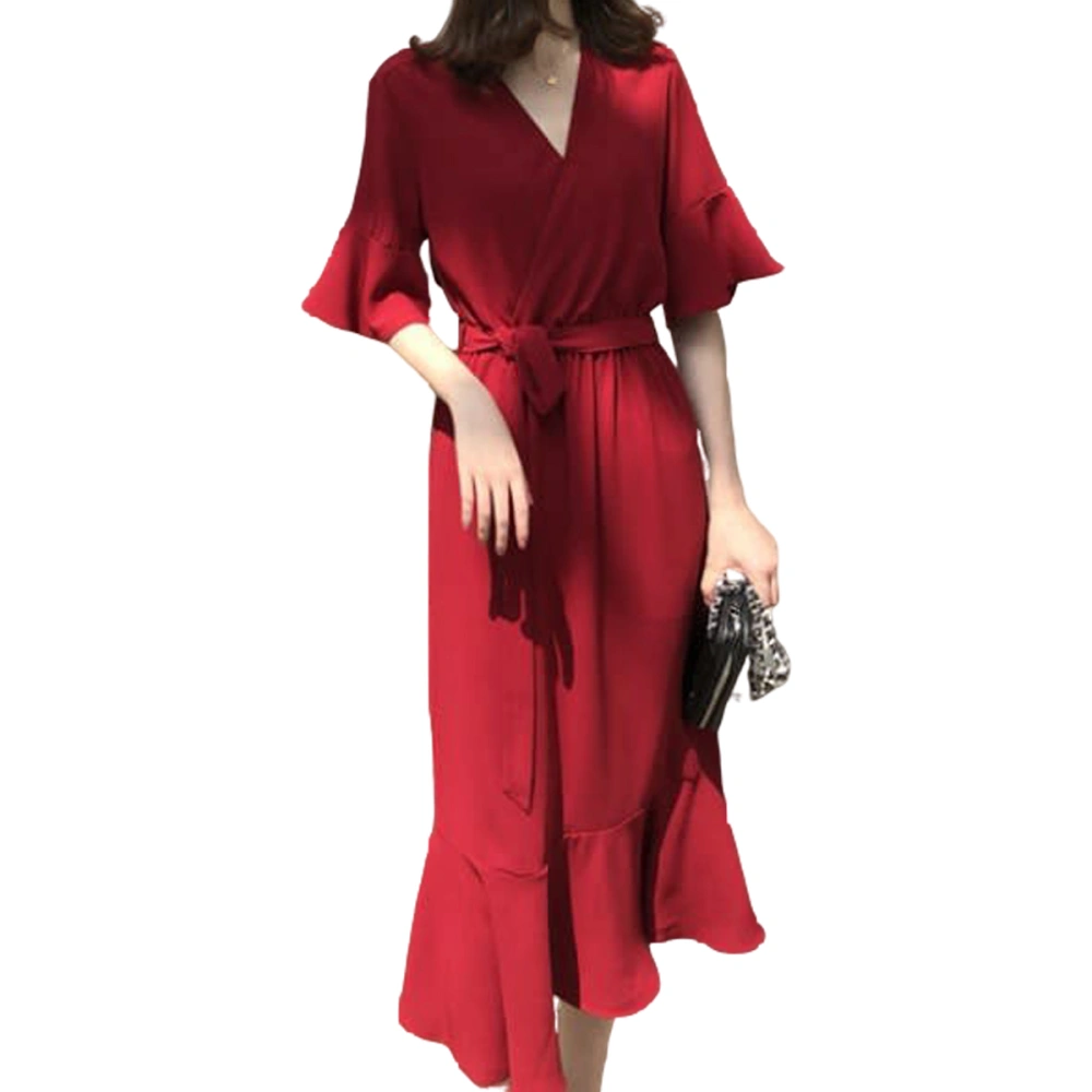 Women's Summer Solid Color Half Flared Sleeve V Neck Ruffle Mini Dress