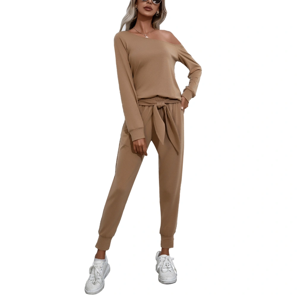 Women Tracksuits, Solid Color Sloping Shoulder T-Shirt + Casual Pants