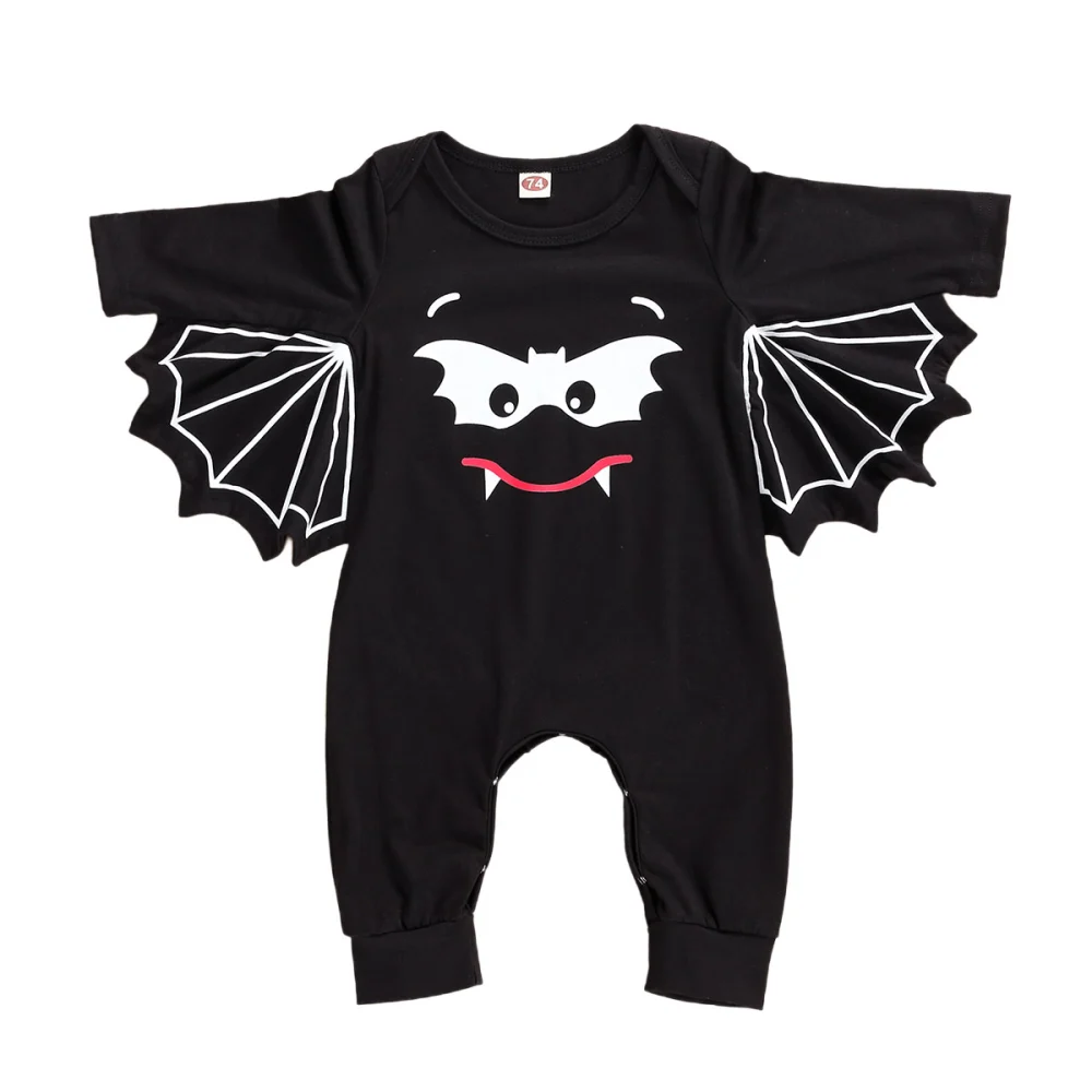 Baby Bat Printing Romper, Halloween Long Sleeve O-Neck Casual Jumpsuit