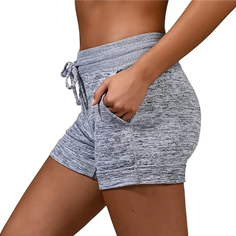 Women Summer Sports Wear, Solid Color Drawstring Elastic Waist Yoga Shorts