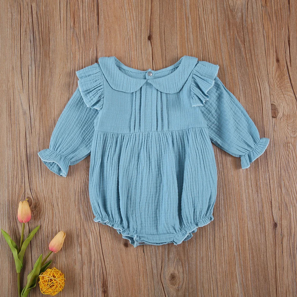 Baby Girls Long Sleeve Romper Peter Pan Collar Solid Color Ruffle Jumpsuit