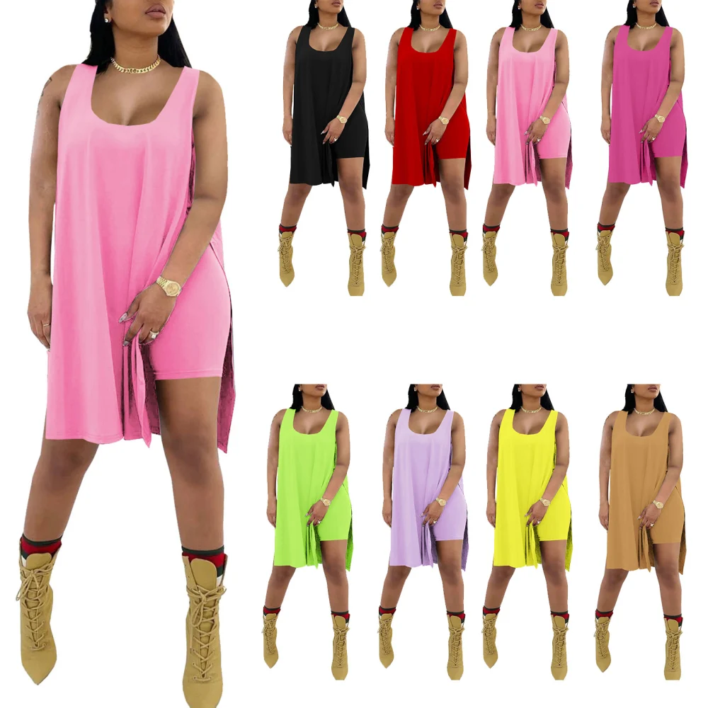 Female Suit Set, Solid Color U-Neck Sleeveless Pullover + Short Pants