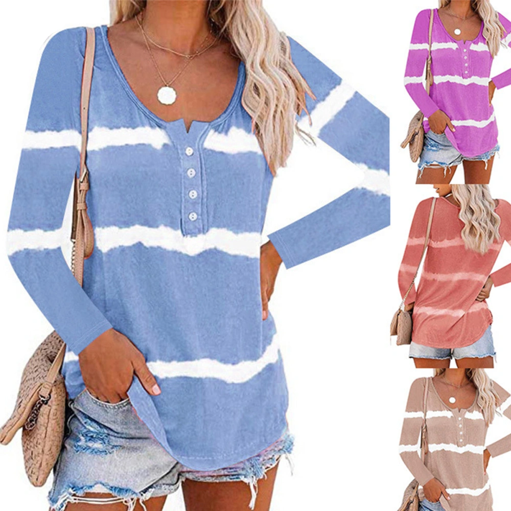 Women's Stripe Tie Dye T-Shirt, Round Neck Long Sleeve Button Tops