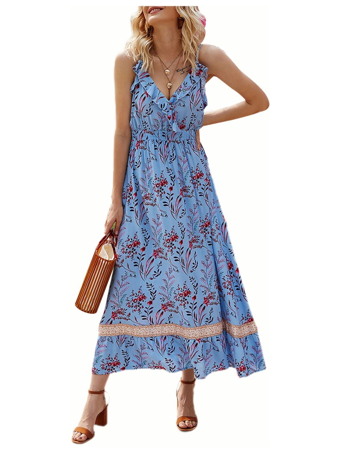 Women Casual Summer Dress, Floral V-Neck Backless Ruffled Long Dress