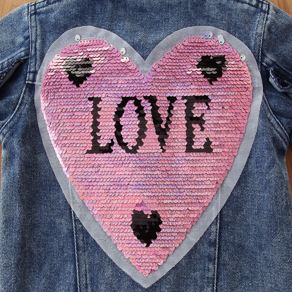 Girl's Denim Jacket, Stand Collar Long Sleeve Button Sequin Heart Coat